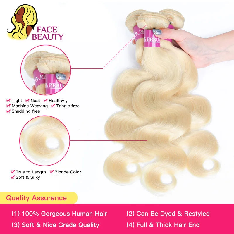 Facebeauty Color 613 Blonde Hair Weave 1/3/4 Bundles Peruvian Body Wave Remy Hair Bundle 8 To 30 inch Human Hair Weft Can Be Dye