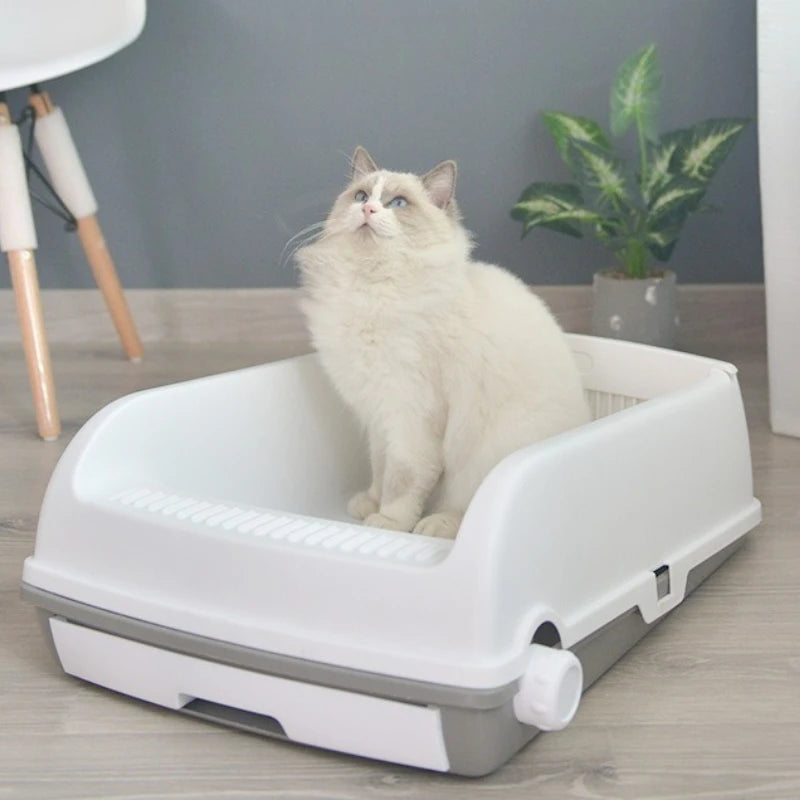 Semi-enclosed Large Cat Litter Box Easy To Clean Toilet Drawer Type Cat Bedpans with High Wall Non-Stick Leak Proof Cat Bedpans
