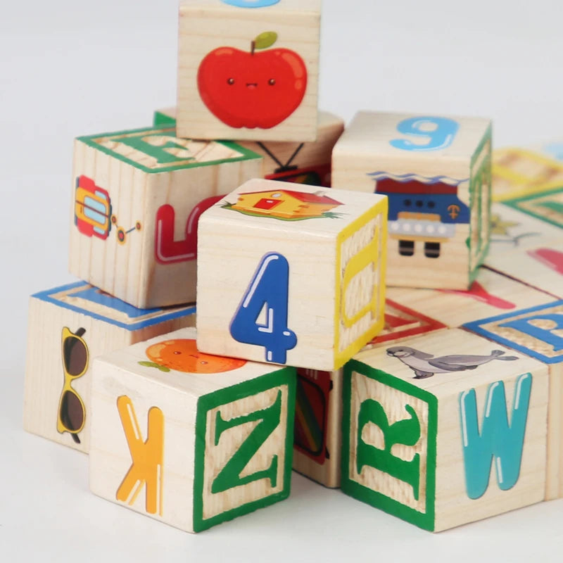 27Pcs Wooden Printed Block Toy English Letter Digital Cartoon Cognition Learning Early Educational Toys Gifts For Children Kids